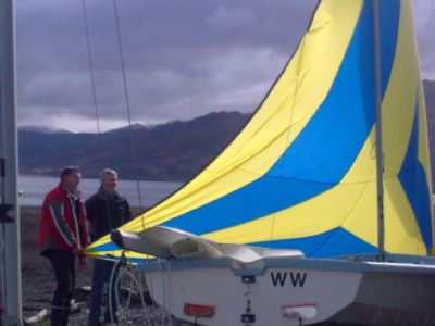 Dave and Bart Checking out the new cool spinnaker for the Wayfarer